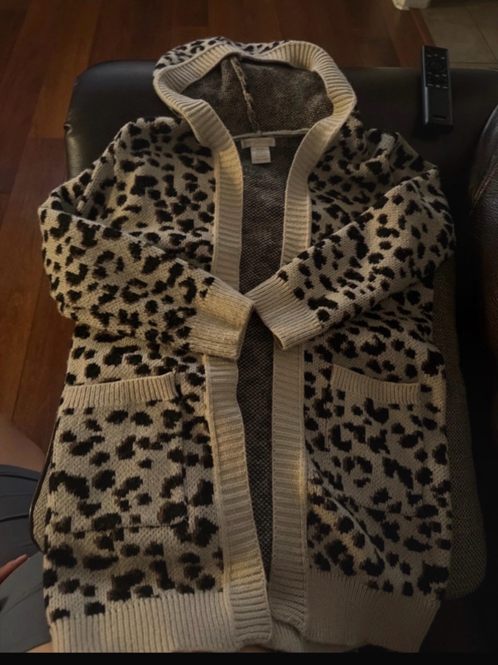 Leopard Print Open-Front Hooded Cardigan - Black & Cream